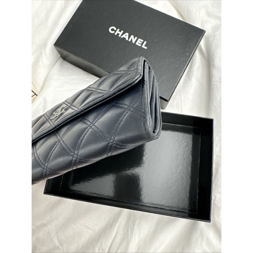 CHANEL Logo Navy Silver Toe Double Stitch Long Wallet W/box - Picture 5 of 16